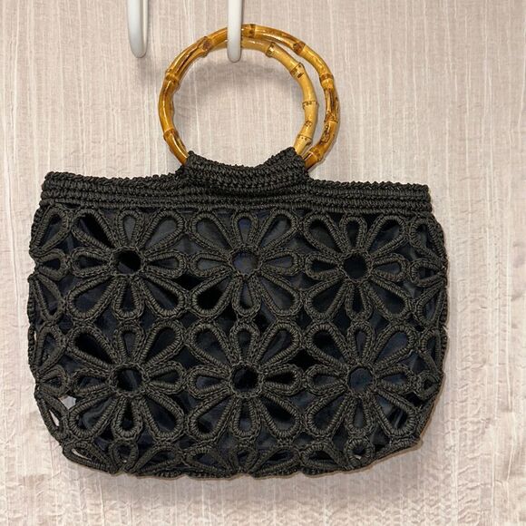 Stunning Black High Quality Macrame Floral Bamboo Handles Bag Purse - Picture 1 of 9